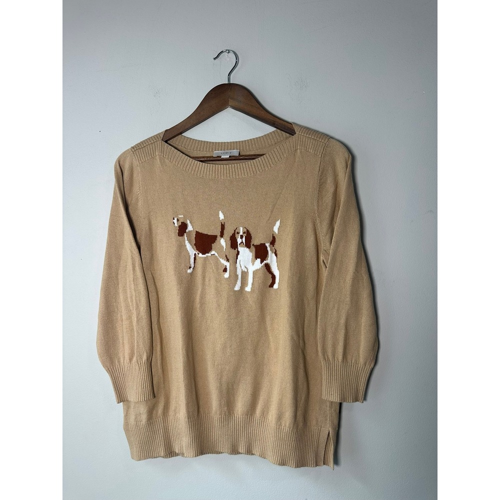 Tan Beagle Dog Intarsia Knit Loft Sweater 3/4 Sleeve Large